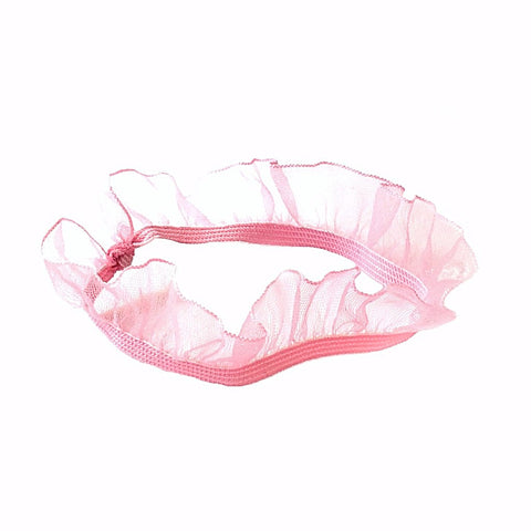 Organza hair tie in pink. Close-up of Bandtz pink ruffle hair elastic. Part of Helena Set by Bandtz.