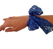 Bandtz Luxe Lace Pony Bow. Blue lace hair bow on wrist. Hair tie bracelet. Hair tie jewelry. Functional jewelry. 