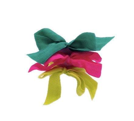 Bandtz Encore Set in Happy. Three matte elastic hair bows in yellow, pink and green. Long lasting, no fray hair bows. Favorite hair tie for thick hair and thin hair. Kind to the hair.   