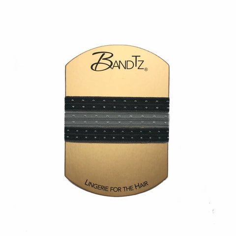 Fran Set by Bandtz. Three Bandtz hair elastics in black and grey on gold card. Limited edition hair ties. Elegant elastic hair bands made from lingerie trim. 