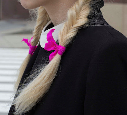 Pink matte bows on blonde braids. From Bandtz Joan Set. 