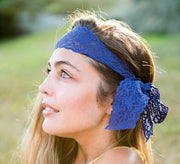 Brunette wearing a Blue Luxe Lace Bow Headband from Bandtz. Elastic lace lingerie trim. Handmade.  