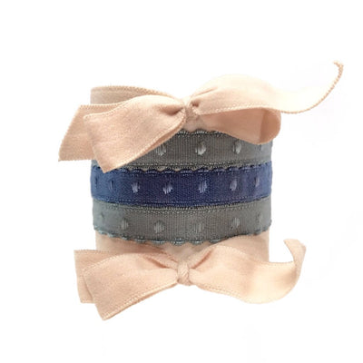 Maria Set in Nude and Blue - Bandtz. Five hair ties. Two matte hair bows in nude, three demi-dot hairties in blue and seafoam. Strong elastic hair tie. Fashion hair accessory. 