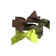 Encore Set by Bandtz in Safari. Three matte elastic hair bows in yellow, green and brown. Long lasting, no fray hair bows. Favorite hair tie for thick hair and thin hair. Kind to the hair.   