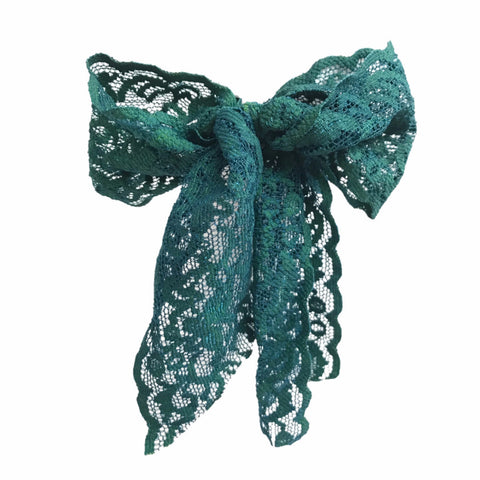 Green Luxe Lace Pony Bow - Bandtz. Wide elastic lace hair bow. Lace hair tie.  