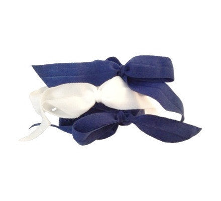 Encore Set by Bandtz in Nightingale. Three matte elastic hair bows in a classic color combo. Two navy hair bows, one white hair bow. Long lasting, no fray hair bows. Favorite hair tie for thick hair and thin hair. Kind to the hair.   