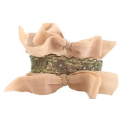 Bandtz Twilight Set in Nude and Taupe. Three elastic hair ties. Two nude microfiber hair bows and one elastic lace cuff. 