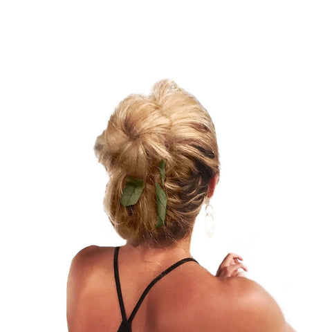 Blonde wearing Bandtz Wide Tail Hair Ribbon in Olive. 