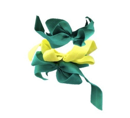 Encore Set by Bandtz in Spring. Three matte elastic hair bows in yellow and green. Long lasting, no fray hair bows. Favorite hair tie for thick hair and thin hair. Kind to the hair.   